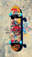 Urban Skateboard Art. Graffiti-themed skateboard wallpaper in high detail against plain background