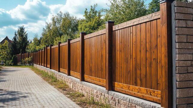 Wooden fence with featheredge design, concrete foundation, and brick wall, providing security and style for garden areas. Natural brown wood stain for a warm appearance.