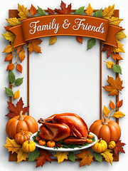 Thanksgiving Feast Border with Turkey, Pumpkins & Copy Space - Perfect for Holiday Invitations & Seasonal Greetings on a White Background