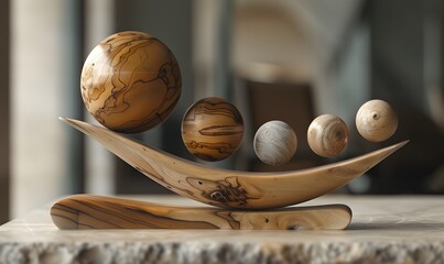 wooden scale balancing one big ball and four small ones.