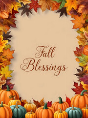 Autumn Leaves Border with Pumpkins & Fall Blessings: Elegant design capturing the essence of fall season and Thanksgiving. Perfect for invitations, greeting cards, or social media posts. Ideal for add