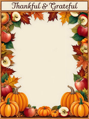 Fototapeta premium Harvest Festival Border with Apples and Thanksgiving Blessings - A vibrant and detailed frame featuring apples, pumpkins, and autumn leaves for Thanksgiving projects and invitations. Ideal for social 