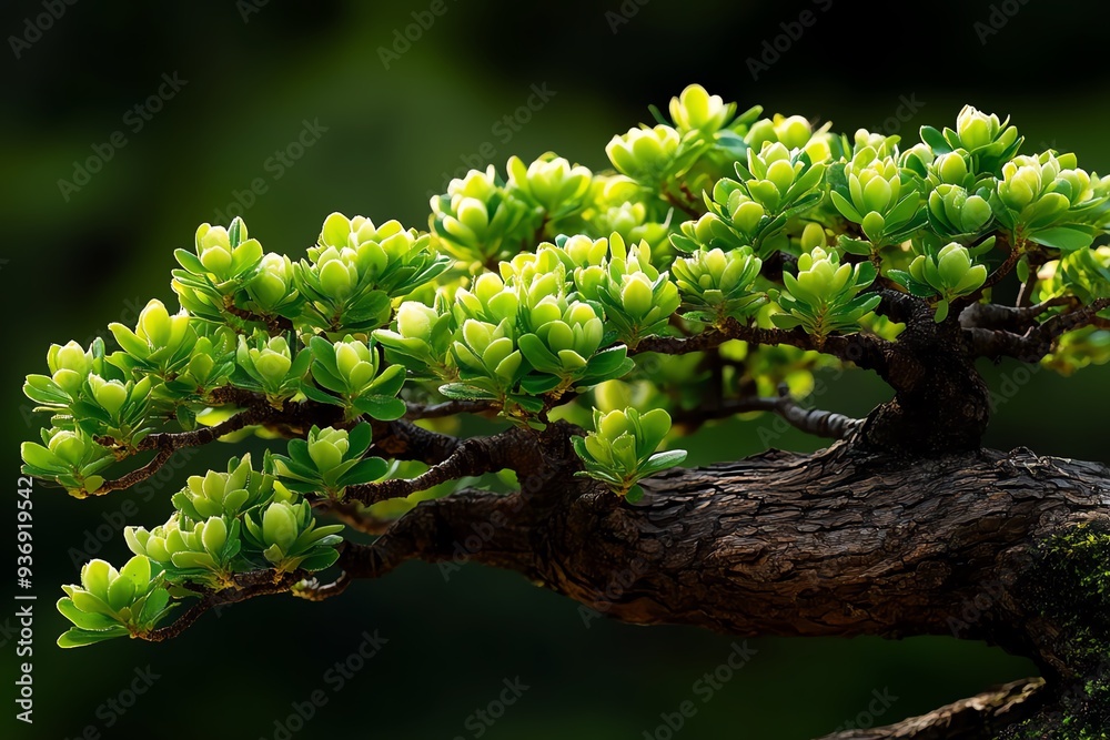 Aufkleber close-up view of a vibrant green bonsai tree, showcasing its delicate leaves and intricate branch st