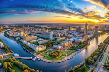 Fototapeta premium architecture, cityscape at night, skyline, skyline, Yekaterinburg, HDRI, aerial view, scenic, cityscape,panorama, Panorama of evening Yekaterinburg Russian Federation HDRI Aerial