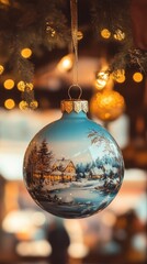 A beautiful blue ornament with a scenic winter cabin is hanging, surrounded by glowing fairy lights that create a festive atmosphere