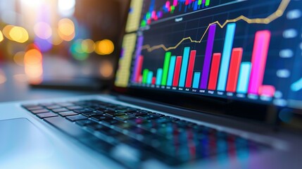 Laptop Displaying Colorful Bar Graph and Line Graph
