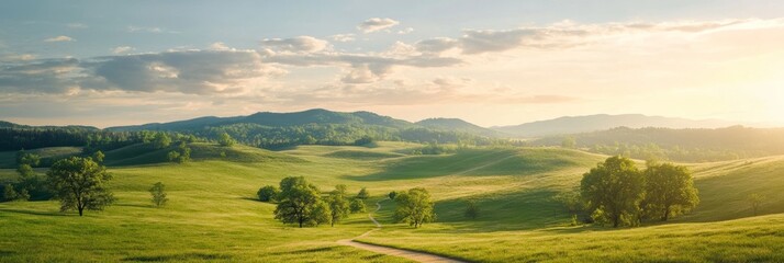 Obraz premium Countryside scene with a grassy field and meandering path, surrounded by hills and trees, under a sky filled with soft clouds and warm evening light