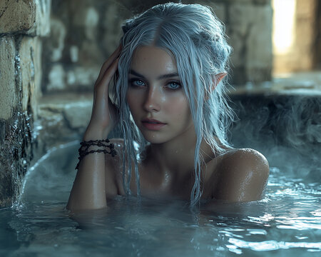 ethereal elf woman with silver hair in a steamy stone bath surrounded by ancient architecture