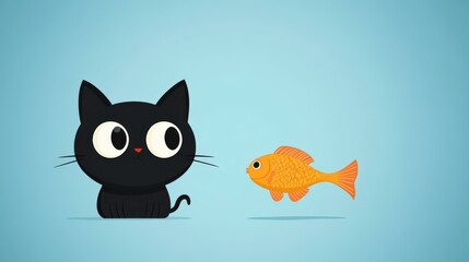 Fototapeta premium A playful black cat meets a bright goldfish in this whimsical cartoon art, full of texture and charm.