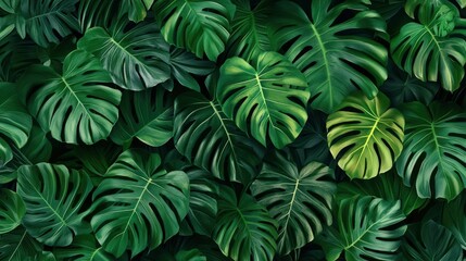 Fototapeta na wymiar Monstera green leaves or Monstera Deliciosa in dark tones(Monstera, palm, rubber plant, pine, birdâ€™s nest fern), background or green leafy tropical pine forest patterns for creative design , ai