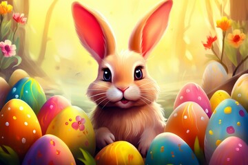 Charming artwork of a bunny with striking features, set against a vibrant Easter egg scene perfect for seasonal designs.