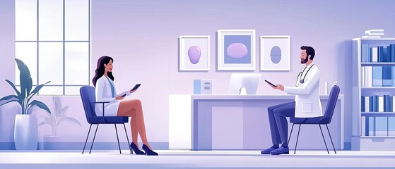 A dermatologist conducting a digital skin diagnosis using a handheld device, with the patient seated in a futuristic medical consultation room