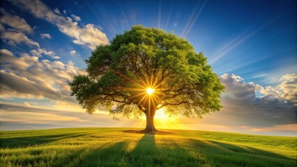 A tree bathed in sunlight with a radiant sun in the background, environment, outdoors, nature,tree, beautiful, beauty, radiance, sun, natural, sunny, sunshine, growth, branches, leaves