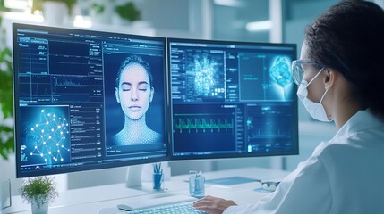 A dermatologist conducting a skin health consultation using detailed diagnostic tools, with patient records displayed on highresolution screens