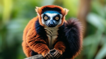 Fototapeta premium Close-up of a colorful lemur with vibrant orange fur and piercing eyes in a lush green forest.