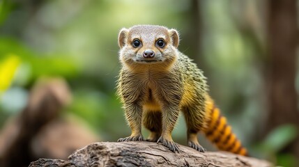 Fototapeta premium Close-up of a cute mongoose standing on a tree trunk in a lush green forest, showcasing its alert and curious nature.
