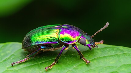 Fototapeta premium Close-up of a vibrant, iridescent beetle on a green leaf against a blurred natural background.