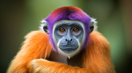 Fototapeta premium Colorful monkey with orange fur and vibrant purple head, face painted look, vibrant wildlife portrait with blurred background.