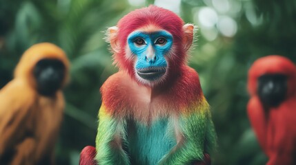 Fototapeta premium Colorful monkey in vibrant hues of red, blue, and green, set against a lush green background with other monkeys in blurred background.