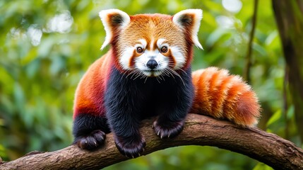 Fototapeta premium Cute red panda sitting on a tree branch against a blurred green forest background.