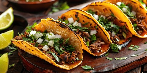 Delicious Birria Tacos in a Traditional Style with Fresh Herbs, Onion, and Spicy Sauce