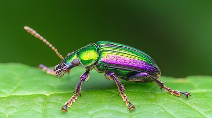 Fototapeta premium Vibrant metallic beetle with iridescent green and purple hues on a leaf, close-up shot showcasing detailed textures and striking colors.