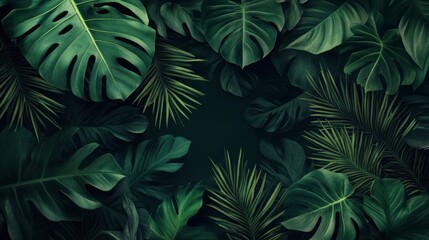 Fototapeta na wymiar Monstera green leaves or Monstera Deliciosa in dark tones(Monstera, palm, rubber plant, pine, birdâ€™s nest fern), background or green leafy tropical pine forest patterns for creative design , ai