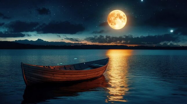 A wooden boat floating on a quiet ocean under the full moon, creating a serene and magical nighttime scene with the moonlight reflec Seamless looping 4k time-lapse virtual video animation Generated AI