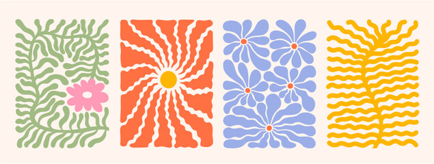 Groovy Art Collection: Vibrant Trendy Naive Vector Illustrations and Abstract Botanical Shapes in Warm Tones.  Perfect for Trendy Posters, Backgrounds, and Contemporary Design.