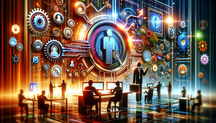 IT professional troubleshoots in abstract virtual meeting concept with vibrant backgrounds, highlighting role in maintaining seamless virtual meetings.