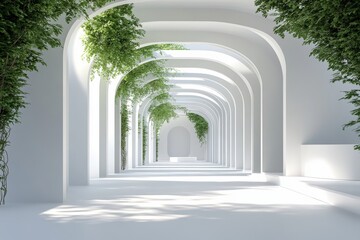 Futuristic White Corridor with Plants Depicting the Intersection of Nature and Technology in Modern Design