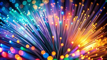 Abstract close up fiber optics light with bokeh background ideal for holiday concepts and optical communication technology