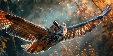 Obraz premium Eurasian Eagle Owl in Its Natural Environment Capturing the Bird's Flight and Typical Behavior