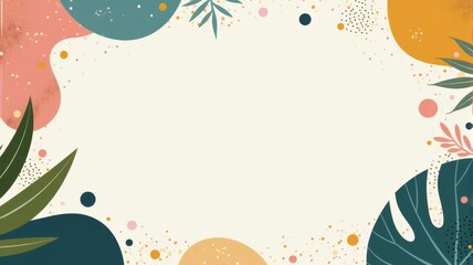 Abstract Floral Frame Illustration with Colorful Shapes and Leaves on Light Background. Perfect for Invitations, Posters, Greeting Cards, and More.