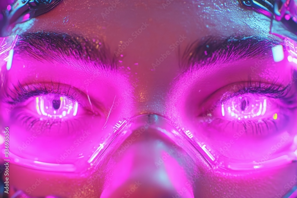 Poster close up of futuristic neon pink glasses reflecting light depicting the blend of fashion and technol