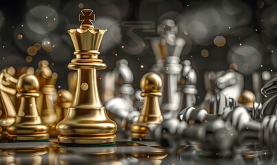 King golden chess standing confront of the silver chess team to challenge concepts of leadership and business strategy management and leadership.
