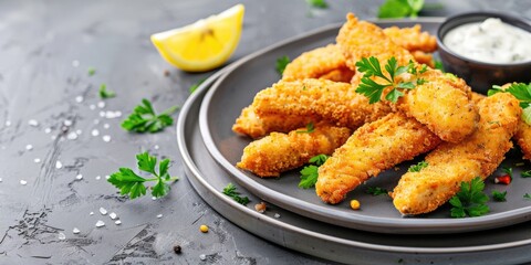 Breaded fish sticks served with parsley, lemon, and tartar sauce on a textured gray surface.