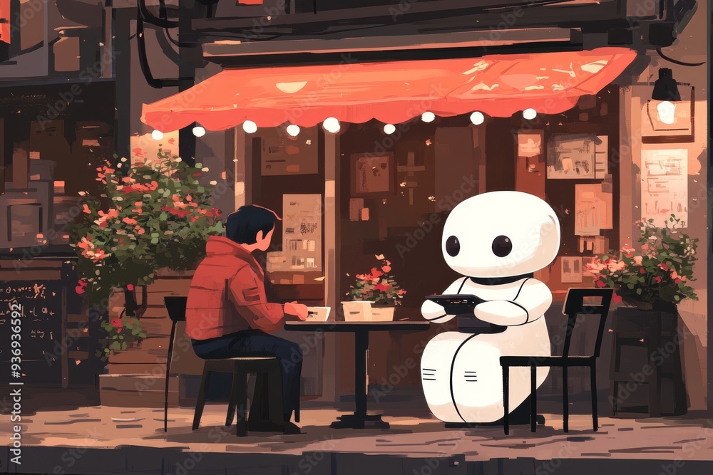 Poster animated robot sitting at a café table depicting the integration of ai into everyday urban life in a