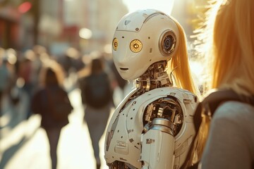 Robot Interacting with a Human on a Busy Street Highlighting the Integration of AI into Everyday Urban Life