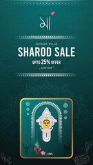 Durga Puja, Festival, Sale, Story, Poster, with. Durga Puja Sale, Traditional Indian Goddess Illustration and. Happy Durga Puja, Discount Offer on Dark Teal Background. Maa Durga Face.