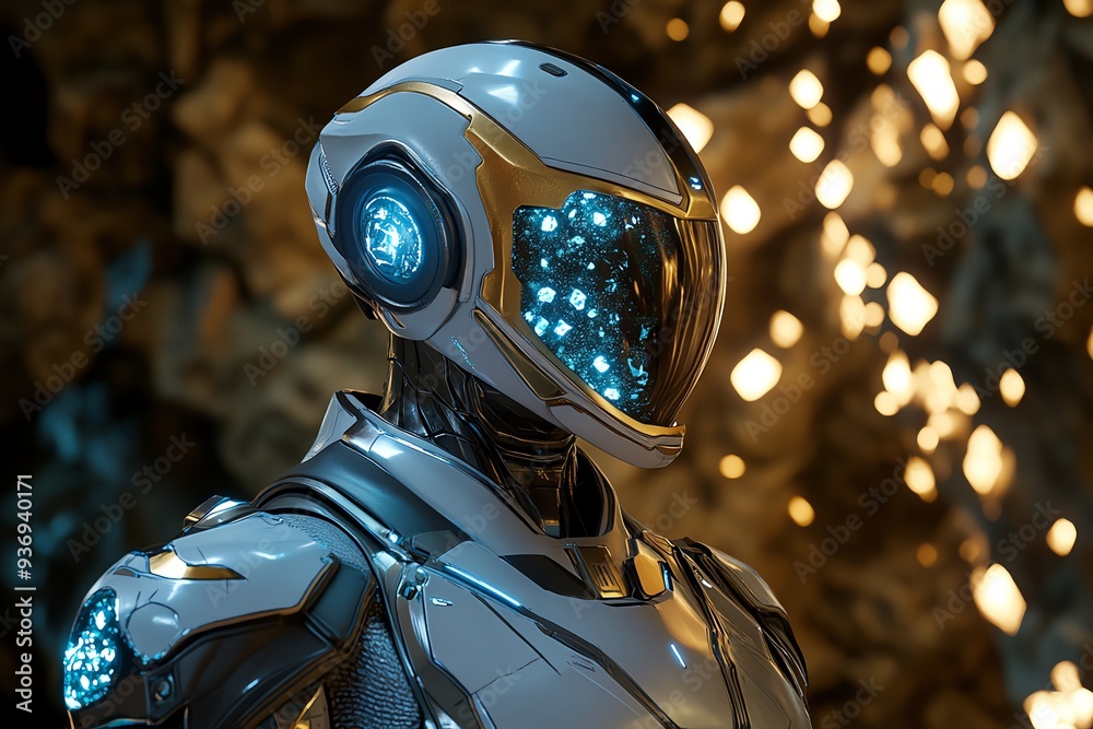 Poster Futuristic robot in a sleek design, showcasing advanced technology and glowing features, set against an abstract background.