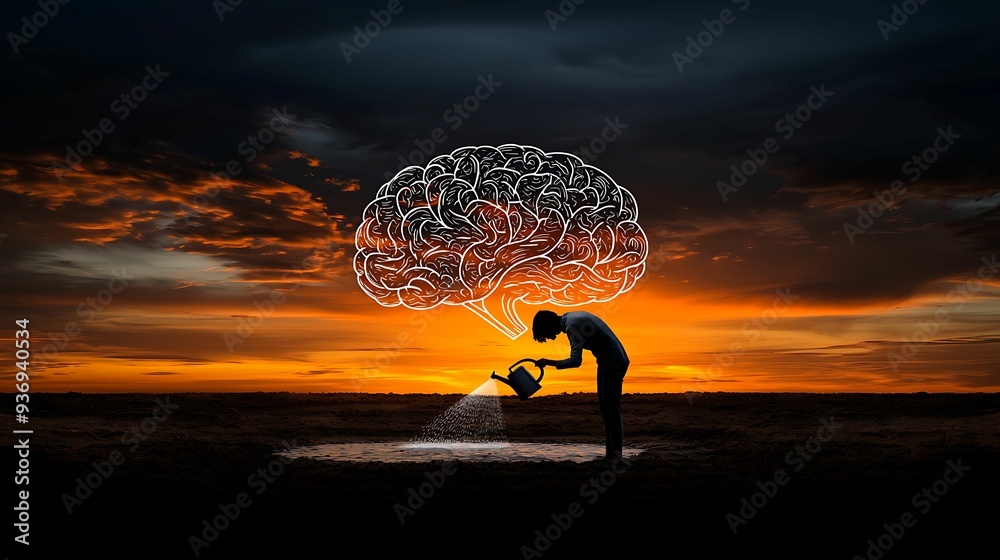 Wall mural conceptual image of a person watering a tree shaped like a brain at sunset, symbolizing knowledge gr