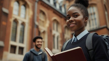 In front of the historic building, African-American college students hold books and look at the camera with calm and confident eyes, showing their longing for campus life and thirst for knowledge.