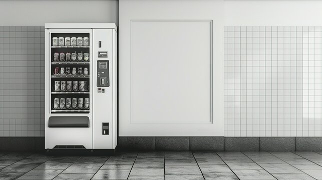 A White Vending Machine with Canned Beverages in a Tiled Room