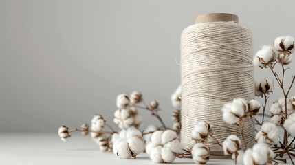 minimalist close-up of natural cotton fibers and a spool of organic thread. Set against a clean, neutral background, the image emphasizes simplicity and sustainability in craftsmanship