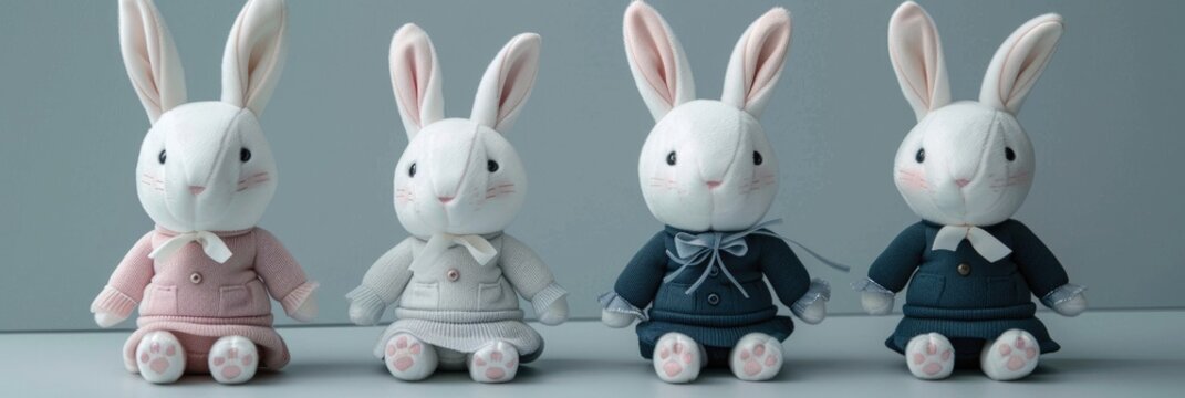 Adorable white rabbit plush toys dressed in charming outfits