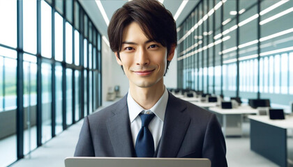 パソコンを持つ笑顔のビジネスマン