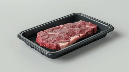 Raw Beef Steak in a Black Plastic Tray