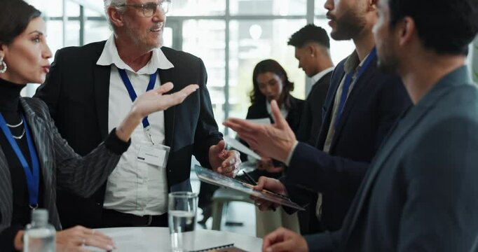 Meeting, conference and business people with tech in discussion for connection, opportunity and plan. Corporate, convention and employees with conversation for speed networking, event and information