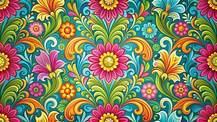 A vibrant and colorful swirly floral retro wallpaper pattern suitable for backgrounds and design projects